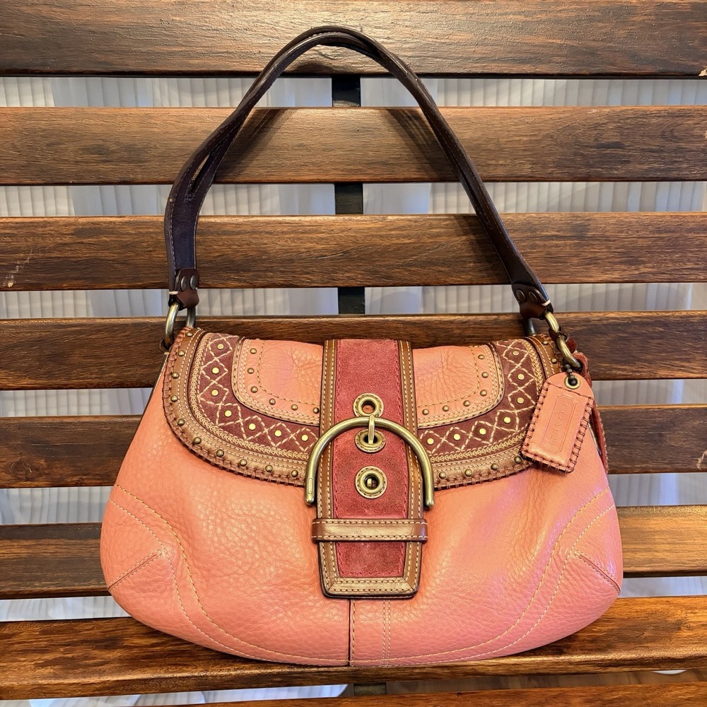 COACH Soho 10479 Embroidered Leather Handbag Pink Brown Boho Y2K Vintage Rare